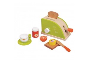 Lelin Toys - Дървен детски тостер с продукти за закуска