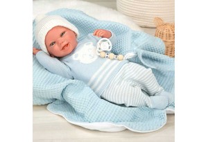 Кукла-бебе Паоло със синьо одеяло и аксесоари - 40 см