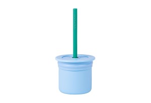 Minikoioi Sip+Snack силиконов комплект сламка и чаша с 2 капака - Blue/Aqua Green