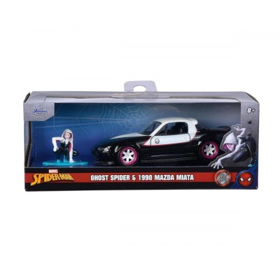 Марвел кола Ghost Spider 1990 Mazda Miata 1:32 Jada 14 см, с метална фигурка