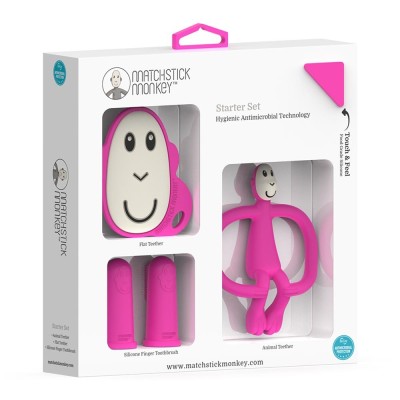 Matchstick Monkey Teething Starter Set комплект силиконови чесалки с антимикробна технология - Pink