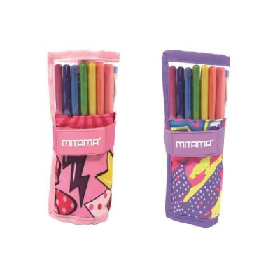 Навиващ се несесер MITAMA 2 in 1 Glitter Roll - 10 цветни химикалки, 7 лепила, 8 флумастери